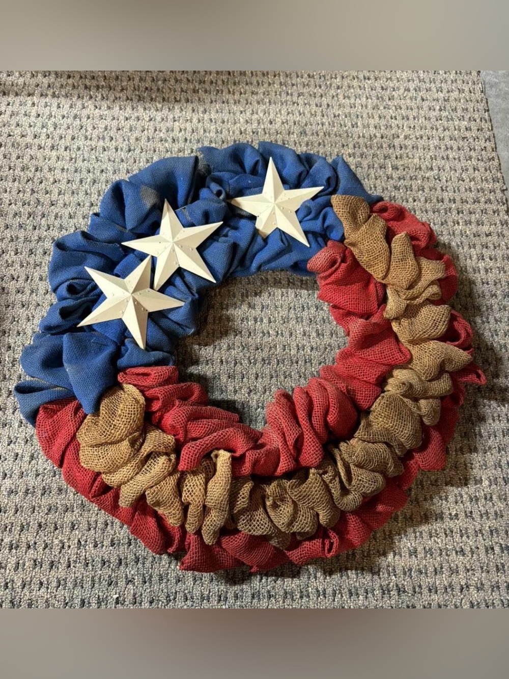 Patriotic Burlap Holiday Wreath with Stars - Blue, Red, Tan